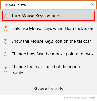 Searching for the Mouse Keys feature in Windows settings.