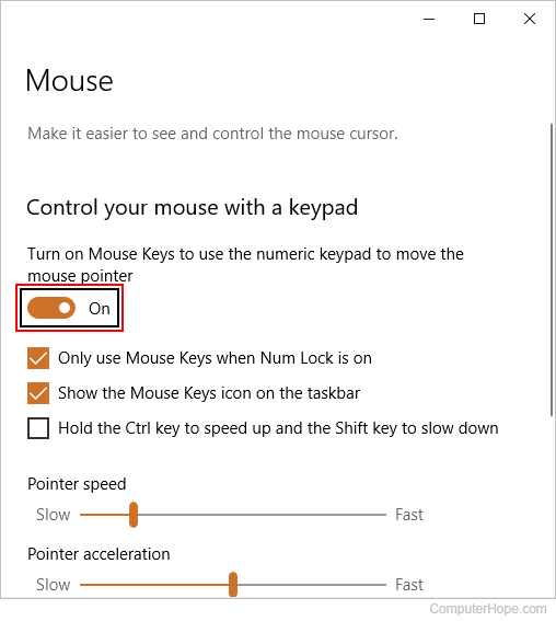 Activating Mouse Keys in Windows 10.