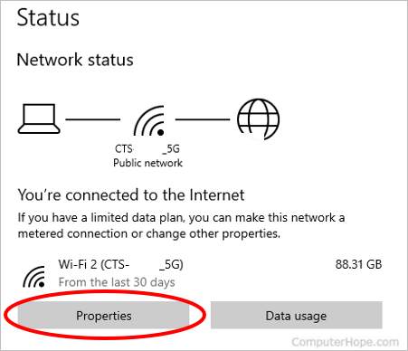 Network status in Windows 10.