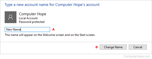 Window that allows users to change an account name.