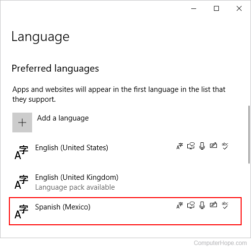 Microsoft Windows Language window with Spanish (Mexico) language selected.