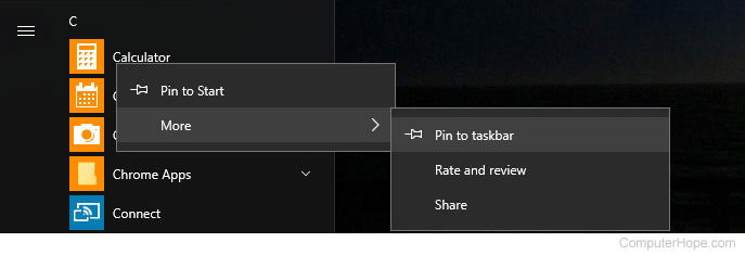 Process for pinning a program to the Windows taskbar.