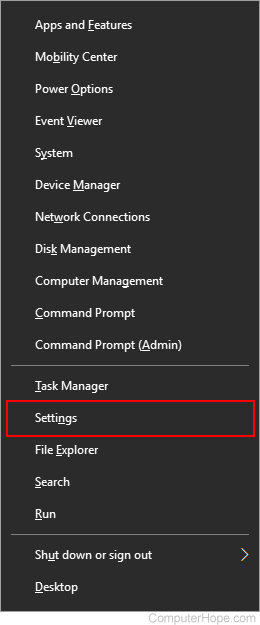 Settings selector on Windows Power User menu.