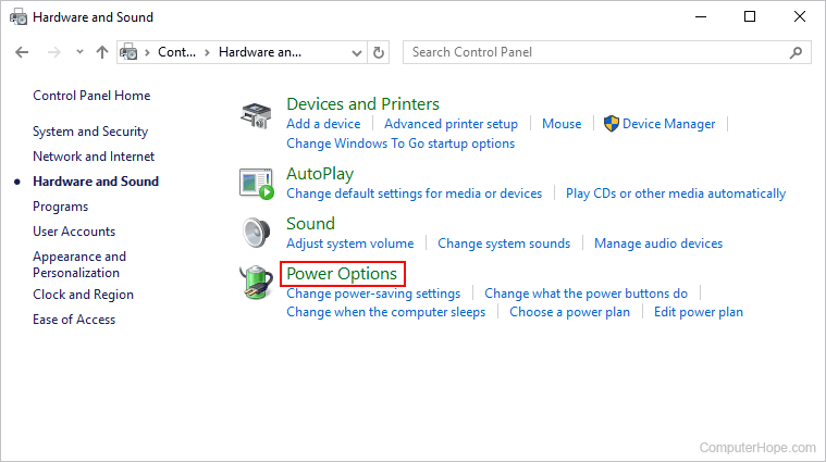 Power Options selector in Windows Control Panel.