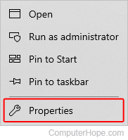 Properties selector in Windows 10.