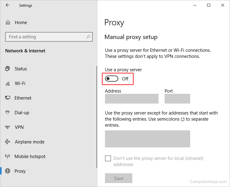 Toggle switch for a proxy server in Windows 10.