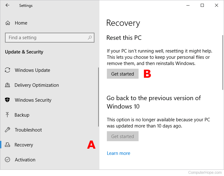 Starting the recovery process Windows 10.