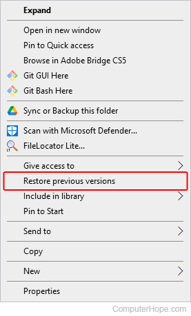 Restore previous versions selector in Windows.