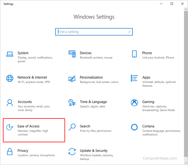 Ease of Access selector in Windows 10.