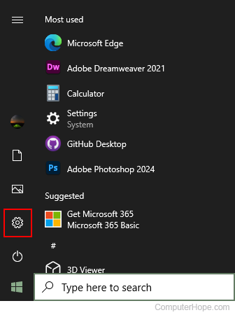 Settings icon in Windows 10.