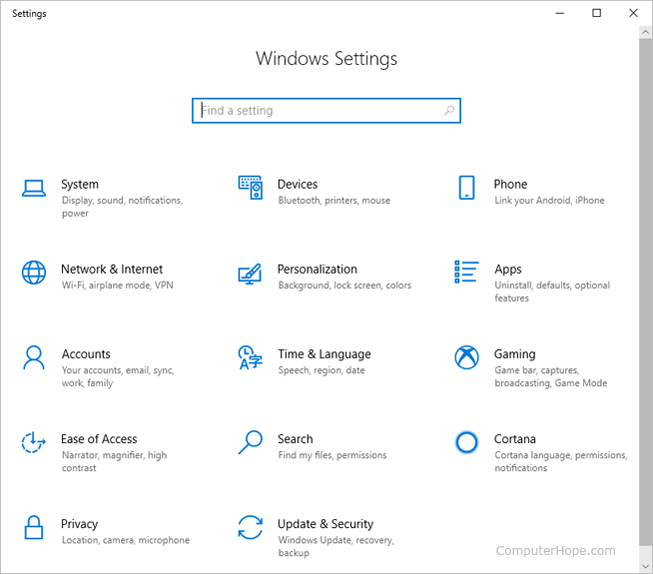 Settings menu in Windows 10