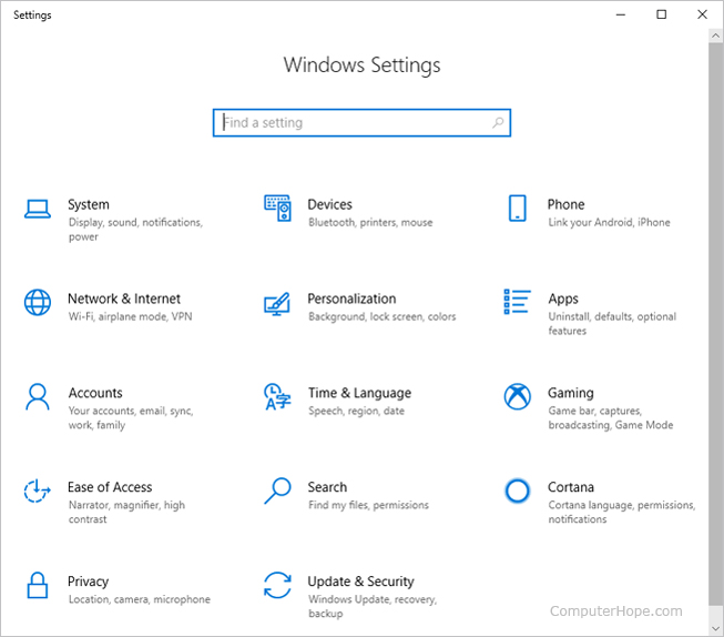 Menu cài đặt trong Windows 10