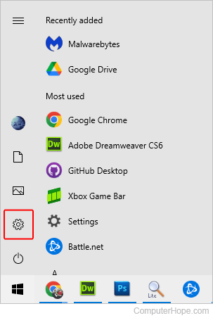 Settings selector icon in Windows 10.