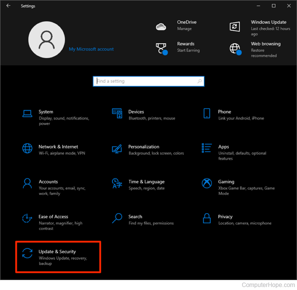 Windows Update and Security settings