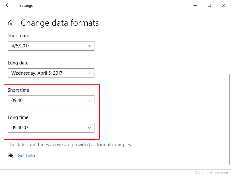 Opsi waktu pendek dan panjang di Windows 10.