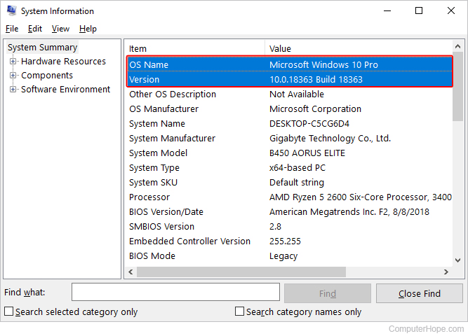 Windows version displayed in the System Information tool.