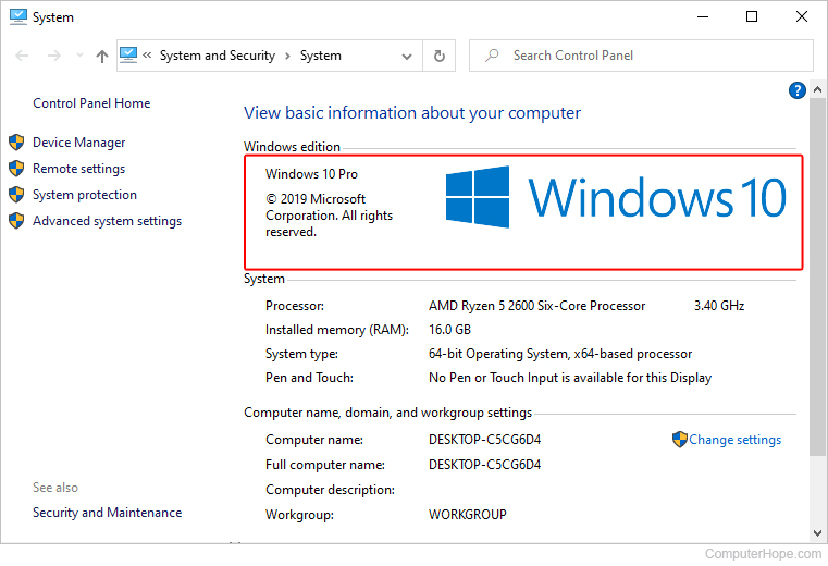 System window in Windows 10.
