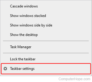 Taskbar settings selector.