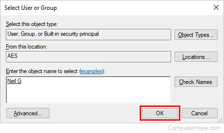 Click OK on User or Group window