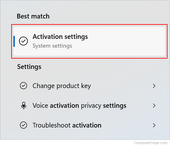 Activation settings selector in Windows 11.