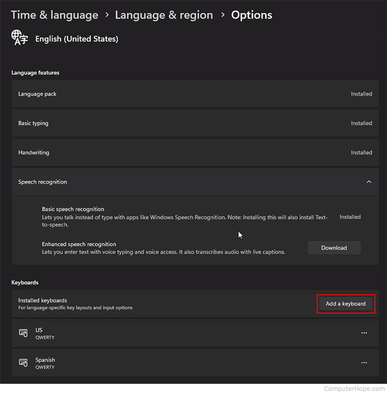 Add a language button in Windows 11.