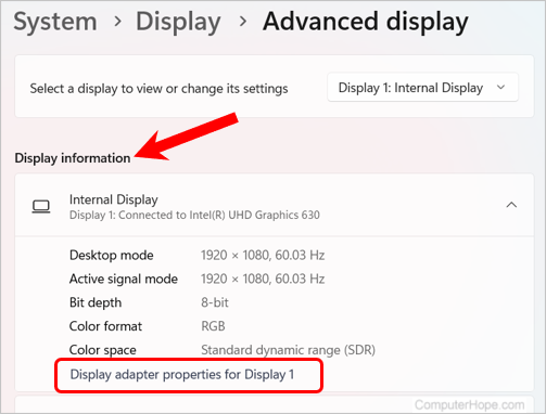 Display adapter properties link in Windows 11 advanced display settings.