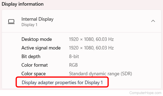 Display adapter properties link in Windows 11 display settings.