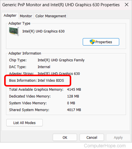 Display adapter properties in Windows 11.