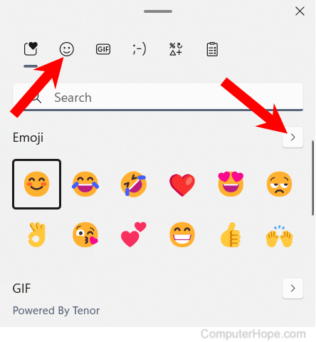 Emojis and GIFs window in Windows 11.