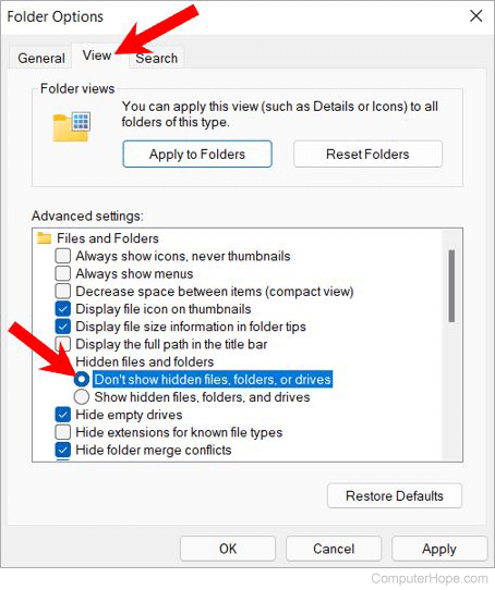 Windows 11 Explorer Options - don't show hidden files