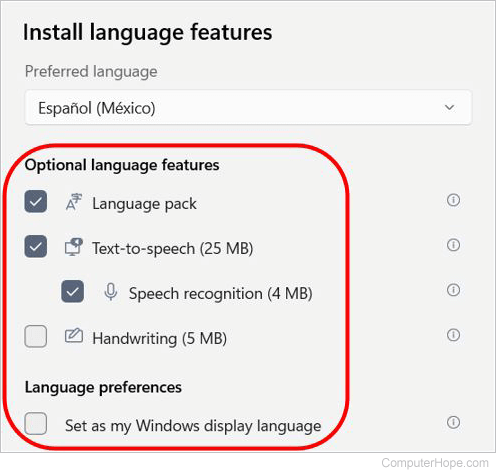 Select additional language features to install in Windows 11.