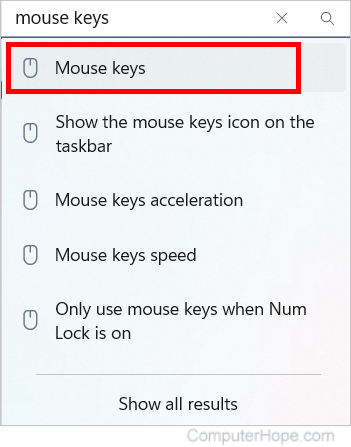 Searching for the Mouse Keys feature in Windows 11 settings.