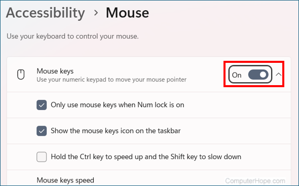 Activating Mouse Keys in Windows 11.