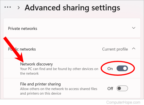 Windows 11 settings toggle to enable Network discovery.