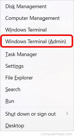 Opening Windows Terminal (Admin) in the Windows 11 Power User Tasks menu