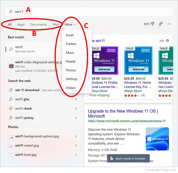 Windows 11 search results and options