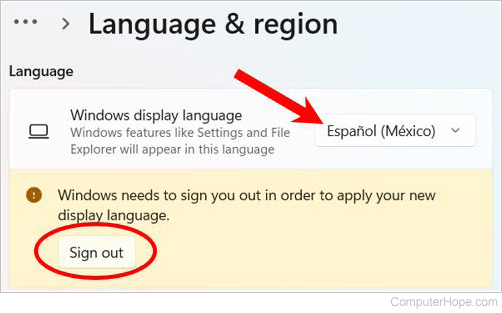 Select Windows display language and sign out button.