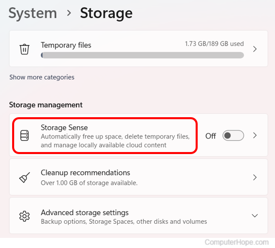 Storage Sense option in Windows 11 storage settings.