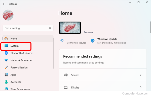 Windows 11 System Settings selector.