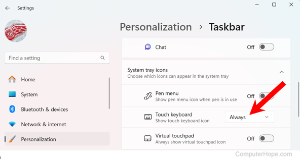 Show touch keyboard option in Windows 11 taskbar settings.