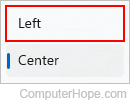 Selecting left or center for the Start button menu and icons.