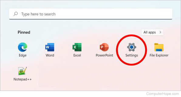 Windows 11 Settings icon in the Start menu