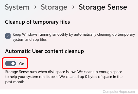Enable auto-clean option in Windows 11 Storage Sense settings.