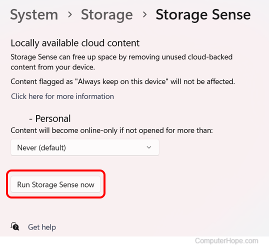 Run Storage Sense now button in Windows 11 Storage Sense settings.