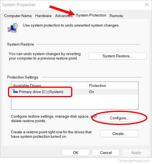 Windows System Protection settings in System Properties.