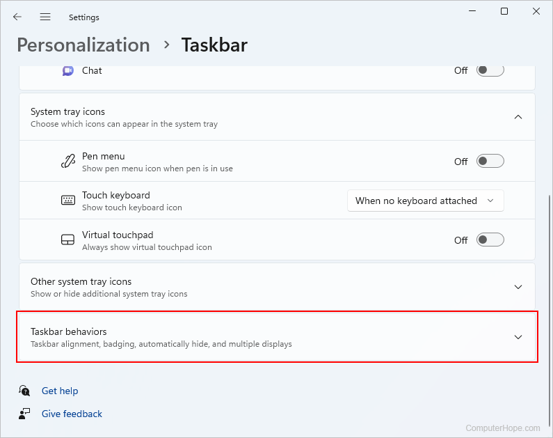 Taskbar behaviors selector in Windows 11.