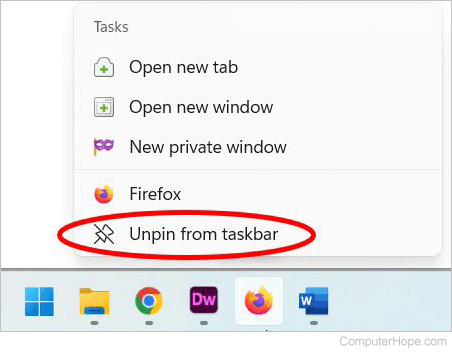 Unpin app from taskbar in Windows 11.
