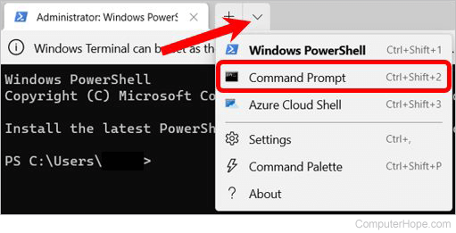 Change Windows 11 Windows Terminal from PowerShell to Command Prompt