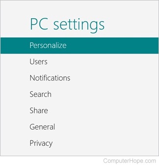 Personalize selector in Windows 8.