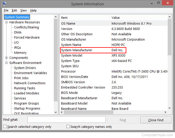 System Manufacturer entry in the Windows System Information window.